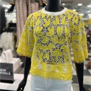 Gracia Yellow Embroidered Lace Top, NWT